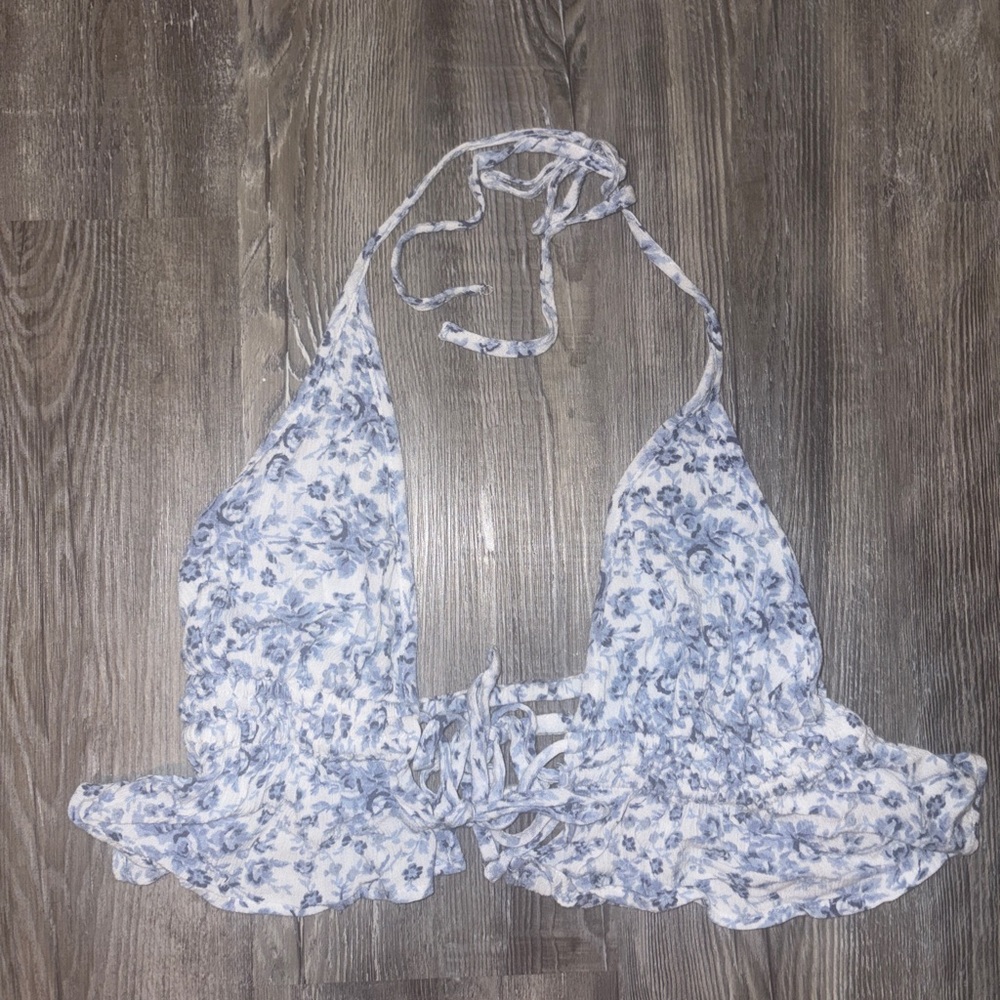 Garage Floral Halter Tie Top with Ruffle Hem